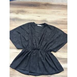 Women’s Black Floral Sheer Jacquard Kimono Sleeve V-Neck Whimsical Blouse Size S